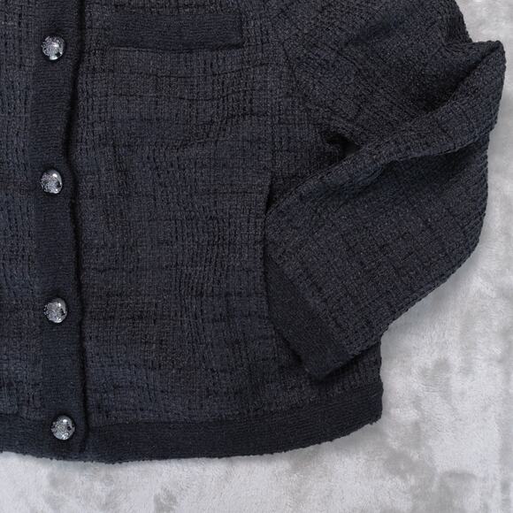 H&M Black Textured Weave Wool Blend Tweed Lined Collarless Jacket Womens Size L - Picture 16 of 16